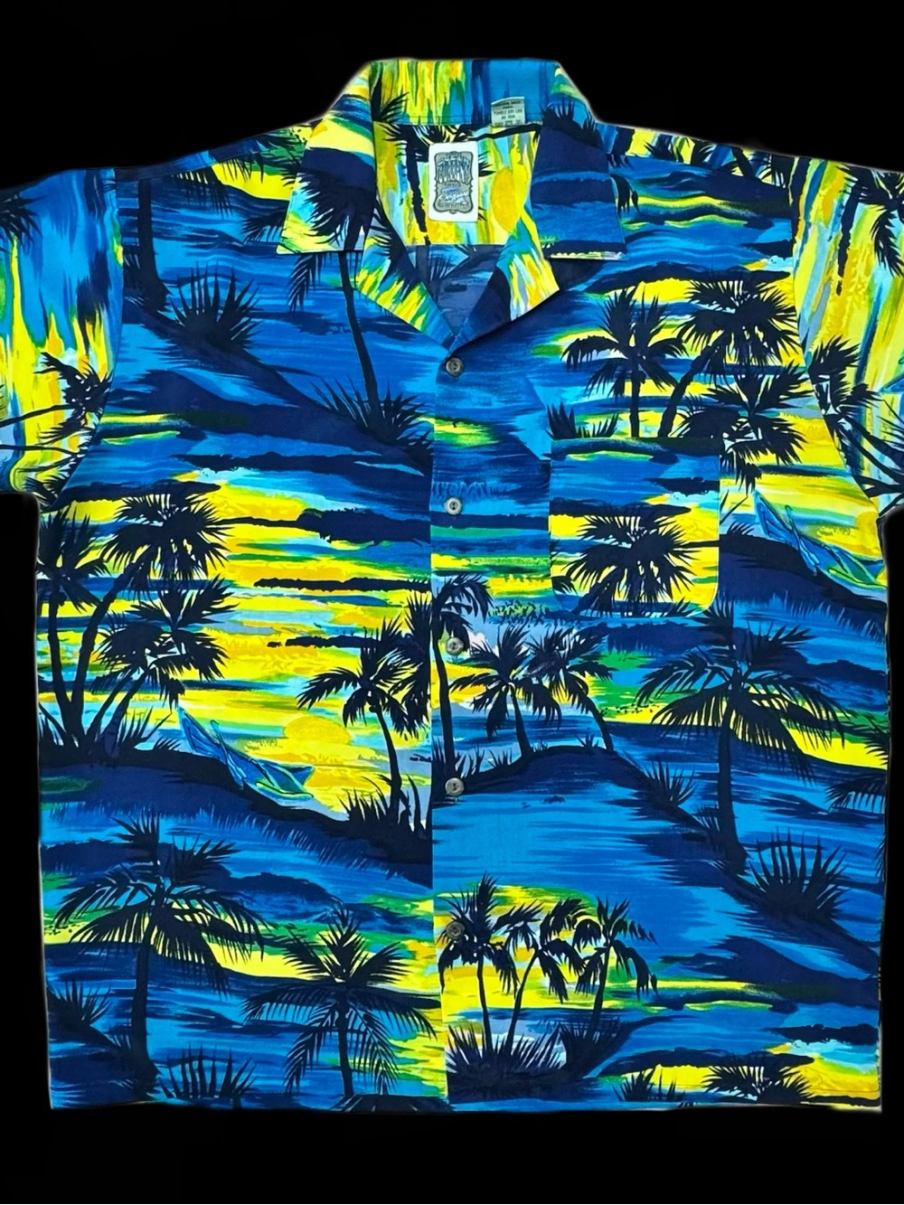 Ocean Current Bright Tropical Hawaiian Camp Shirt in Blue, Yellow & Black Sz M
